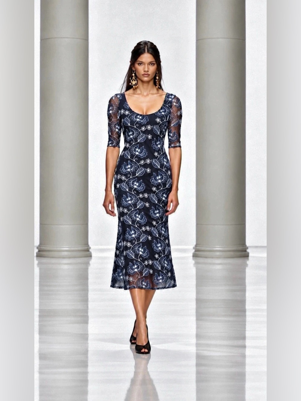 New🌺$255 Johnny Was Maya Mesh Midi Dress Luna Meadows Embroidered Slate Blue Gra